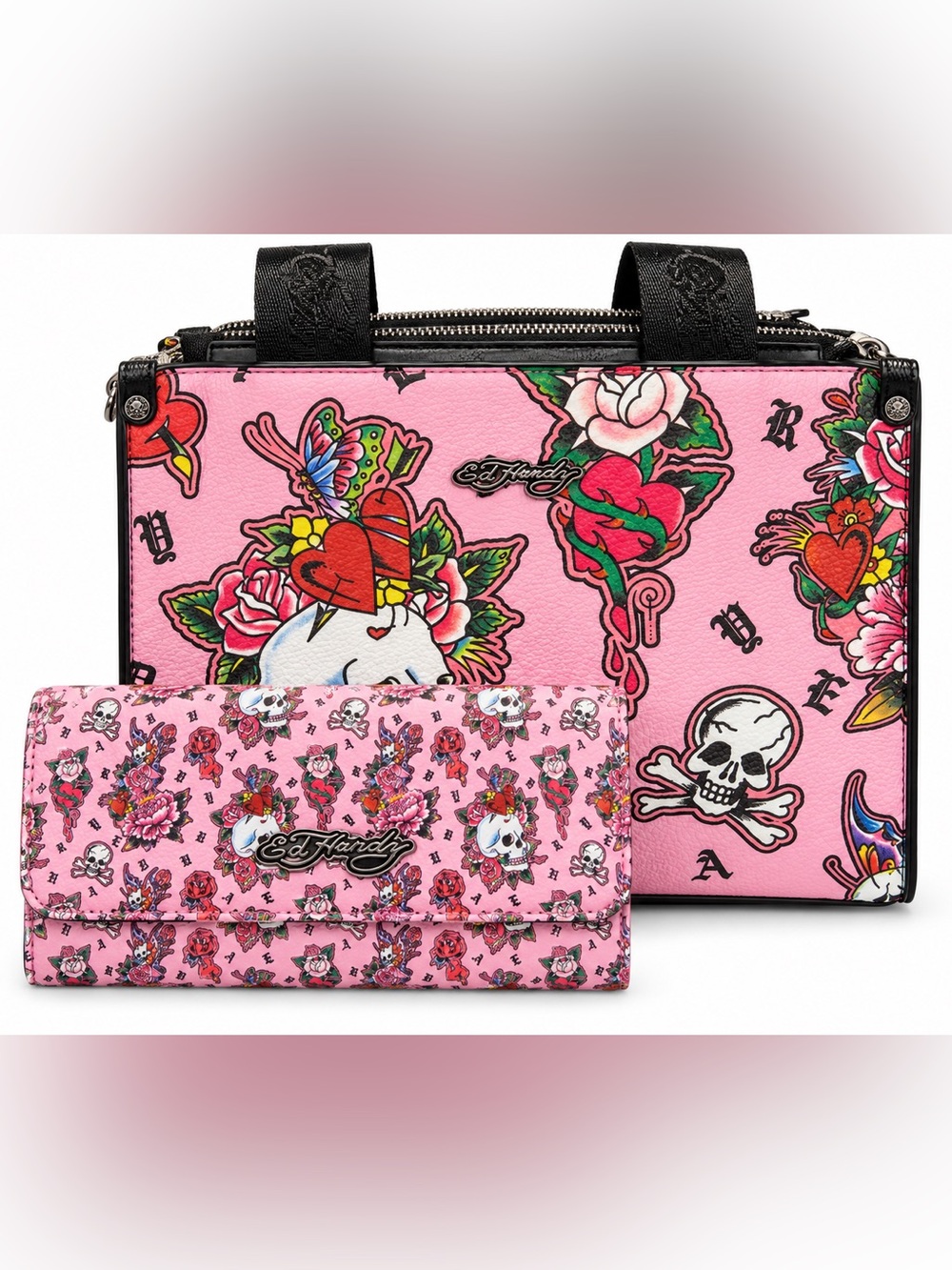 Ed Hardy Pink Tattoo-Print Satchel and Wallet